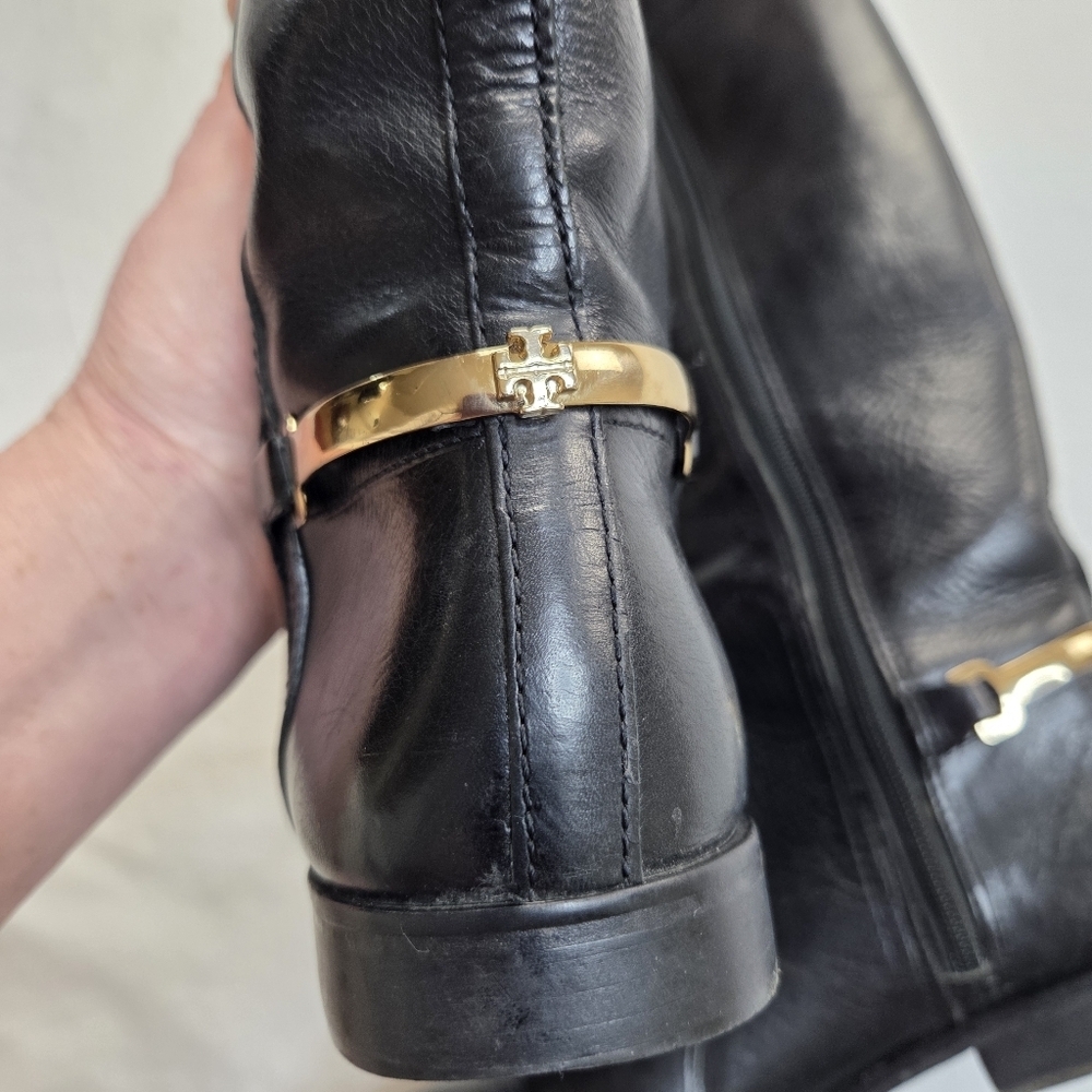 Tory Burch Black Leather Riding Boots 7.5M Gold Logo Hardware Equestrian Tall - Picture 6 of 15